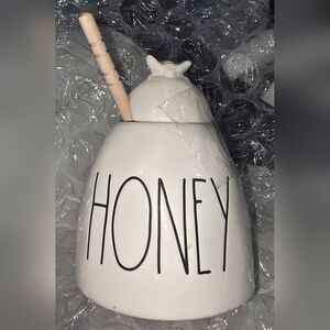 Rae Dunn Cream Ceramic Honey Jar with Black Lettering